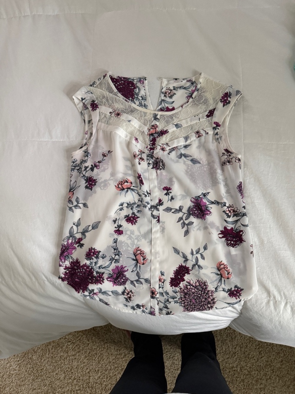 Candie's White Sleeveless Floral Lace Yoke Camisole - Plum Floral